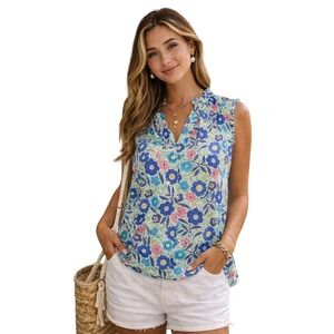 Talbots Womens XL Blue Floral Cotton Sleeveless Ruffle Neck Blouse Top Costal